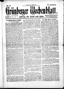 Gr&uuml;nberger Wochenblatt: Zeitung f&uuml;r Stadt und Land, No. 71. ( 25. M&auml;rz 1921 )