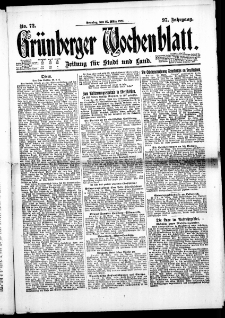Gr&uuml;nberger Wochenblatt: Zeitung f&uuml;r Stadt und Land, No. 72. ( 27. M&auml;rz 1921 )