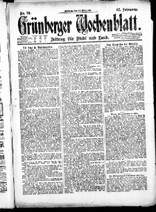 Gr&uuml;nberger Wochenblatt: Zeitung f&uuml;r Stadt und Land, No. 73. ( 30. M&auml;rz 1921 )