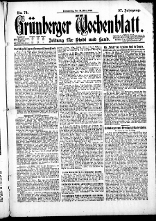 Gr&uuml;nberger Wochenblatt: Zeitung f&uuml;r Stadt und Land, No. 74. ( 31. M&auml;rz 1921 )