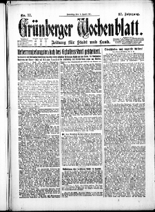 Gr&uuml;nberger Wochenblatt: Zeitung f&uuml;r Stadt und Land, No. 77. ( 3. April 1921 )