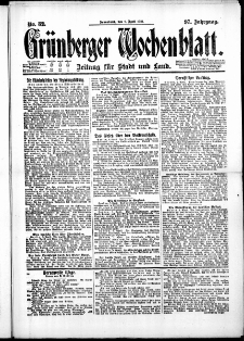 Gr&uuml;nberger Wochenblatt: Zeitung f&uuml;r Stadt und Land, No. 82. ( 9. April 1921 )
