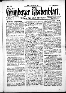 Gr&uuml;nberger Wochenblatt: Zeitung f&uuml;r Stadt und Land, No. 85. ( 13. April 1921 )