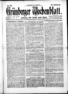 Gr&uuml;nberger Wochenblatt: Zeitung f&uuml;r Stadt und Land, No. 86. ( 14. April 1921 )