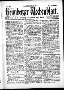 Gr&uuml;nberger Wochenblatt: Zeitung f&uuml;r Stadt und Land, No. 87. ( 15. April 1921 )