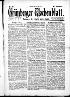 Gr&uuml;nberger Wochenblatt: Zeitung f&uuml;r Stadt und Land, No. 91. ( 20. April 1921 )