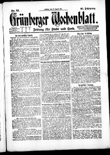 Gr&uuml;nberger Wochenblatt: Zeitung f&uuml;r Stadt und Land, No. 93. ( 22. April 1921 )