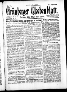 Gr&uuml;nberger Wochenblatt: Zeitung f&uuml;r Stadt und Land, No. 94. ( 23. April 1921 )
