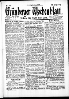 Gr&uuml;nberger Wochenblatt: Zeitung f&uuml;r Stadt und Land, No. 98. ( 28. April 1921 )
