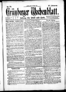 Gr&uuml;nberger Wochenblatt: Zeitung f&uuml;r Stadt und Land, No. 99. ( 29. April 1921 )