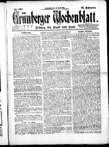 Gr&uuml;nberger Wochenblatt: Zeitung f&uuml;r Stadt und Land, No. 100. ( 30. April 1921 )