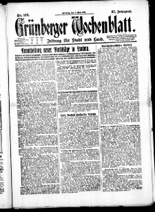 Gr&uuml;nberger Wochenblatt: Zeitung f&uuml;r Stadt und Land, No. 102. ( 3. Mai 1921 )