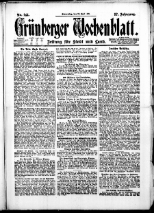 Gr&uuml;nberger Wochenblatt: Zeitung f&uuml;r Stadt und Land, No. 144. ( 23. Juni 1921 )
