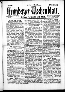 Gr&uuml;nberger Wochenblatt: Zeitung f&uuml;r Stadt und Land, No. 148. ( 28. Juni 1921 )