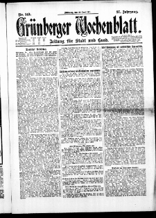 Gr&uuml;nberger Wochenblatt: Zeitung f&uuml;r Stadt und Land, No. 149. ( 29. Juni 1921 )