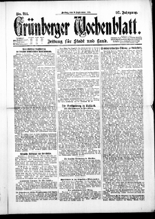 Gr&uuml;nberger Wochenblatt: Zeitung f&uuml;r Stadt und Land, No. 211. ( 9. September 1921 )