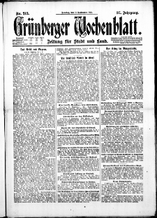 Gr&uuml;nberger Wochenblatt: Zeitung f&uuml;r Stadt und Land, No. 213. ( 11. September 1921 )