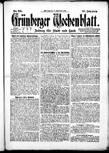 Gr&uuml;nberger Wochenblatt: Zeitung f&uuml;r Stadt und Land, No. 215. ( 14. September 1921 )