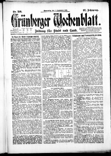 Gr&uuml;nberger Wochenblatt: Zeitung f&uuml;r Stadt und Land, No. 216. ( 15. September 1921 )