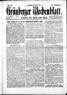 Gr&uuml;nberger Wochenblatt: Zeitung f&uuml;r Stadt und Land, No. 67. ( 21. M&auml;rz 1923 )