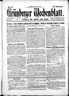 Gr&uuml;nberger Wochenblatt: Zeitung f&uuml;r Stadt und Land, No. 87. ( 15. April 1923 )