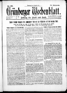 Gr&uuml;nberger Wochenblatt: Zeitung f&uuml;r Stadt und Land, No. 182. ( 7. August 1923 )