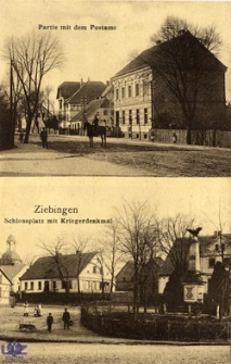 Cybinka / Ziebingen; Schlossplatz mit Kriegerdenkmal