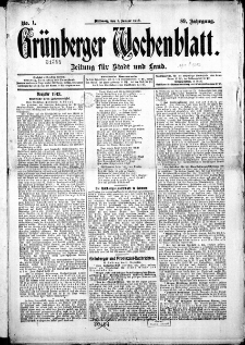 Gr&uuml;nberger Wochenblatt: Zeitung f&uuml;r Stadt und Land, No. 1. (1. Januar 1913)