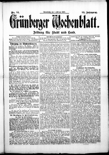 Gr&uuml;nberger Wochenblatt: Zeitung f&uuml;r Stadt und Land, No. 14. (1. Februar 1913)