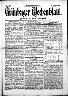 Gr&uuml;nberger Wochenblatt: Zeitung f&uuml;r Stadt und Land, No. 17. (8. Februar 1913)