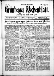 Gr&uuml;nberger Wochenblatt: Zeitung f&uuml;r Stadt und Land, No. 19. (13. Februar 1913)