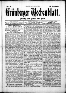 Gr&uuml;nberger Wochenblatt: Zeitung f&uuml;r Stadt und Land, No. 20. (15. Februar 1913)