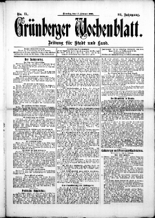 Gr&uuml;nberger Wochenblatt: Zeitung f&uuml;r Stadt und Land, No. 21. (18. Februar 1913)