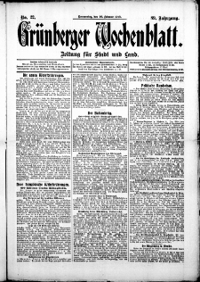 Gr&uuml;nberger Wochenblatt: Zeitung f&uuml;r Stadt und Land, No. 22. (20. Februar 1913)