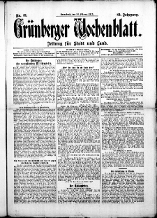Gr&uuml;nberger Wochenblatt: Zeitung f&uuml;r Stadt und Land, No. 23. (22. Februar 1913)