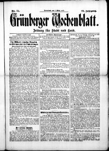 Gr&uuml;nberger Wochenblatt: Zeitung f&uuml;r Stadt und Land, No. 26. (1. M&auml;rz 1913)