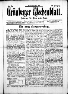 Gr&uuml;nberger Wochenblatt: Zeitung f&uuml;r Stadt und Land, No. 39. (1. April 1913)