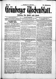 Gr&uuml;nberger Wochenblatt: Zeitung f&uuml;r Stadt und Land, No. 41. (5. April 1913)