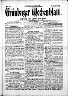 Gr&uuml;nberger Wochenblatt: Zeitung f&uuml;r Stadt und Land, No. 43. (10. April 1913)