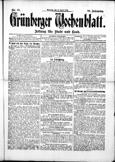 Gr&uuml;nberger Wochenblatt: Zeitung f&uuml;r Stadt und Land, No. 45. (15. April 1913)