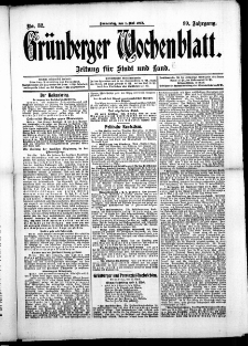 Gr&uuml;nberger Wochenblatt: Zeitung f&uuml;r Stadt und Land, No. 52. (1. Mai 1913)