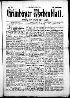 Gr&uuml;nberger Wochenblatt: Zeitung f&uuml;r Stadt und Land, No. 54. (6. Mai 1913)