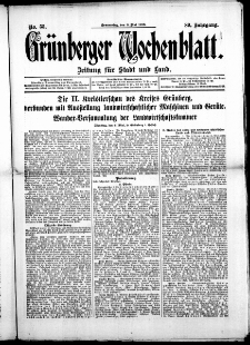 Gr&uuml;nberger Wochenblatt: Zeitung f&uuml;r Stadt und Land, No. 55. (8. Mai 1913)