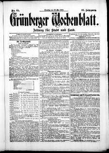 Gr&uuml;nberger Wochenblatt: Zeitung f&uuml;r Stadt und Land, No. 60. (20. Mai 1913)