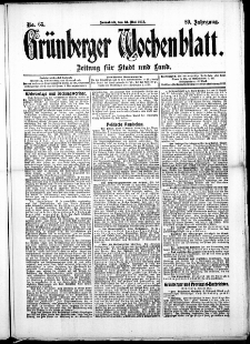 Gr&uuml;nberger Wochenblatt: Zeitung f&uuml;r Stadt und Land, No. 65. (31. Mai 1913)