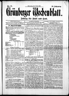 Gr&uuml;nberger Wochenblatt: Zeitung f&uuml;r Stadt und Land, No. 67. (5. Juni 1913)