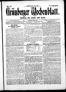 Gr&uuml;nberger Wochenblatt: Zeitung f&uuml;r Stadt und Land, No. 68. (7. Juni 1913)