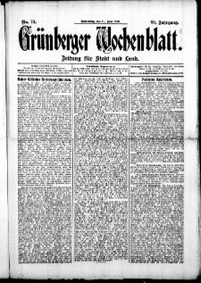 Gr&uuml;nberger Wochenblatt: Zeitung f&uuml;r Stadt und Land, No. 73. (19. Juni 1913)