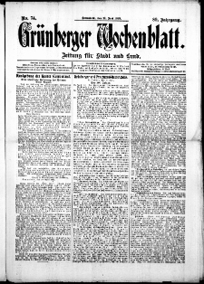 Gr&uuml;nberger Wochenblatt: Zeitung f&uuml;r Stadt und Land, No. 74. (21. Juni 1913)