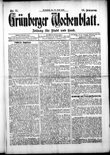Gr&uuml;nberger Wochenblatt: Zeitung f&uuml;r Stadt und Land, No. 77. (28. Juni 1913)